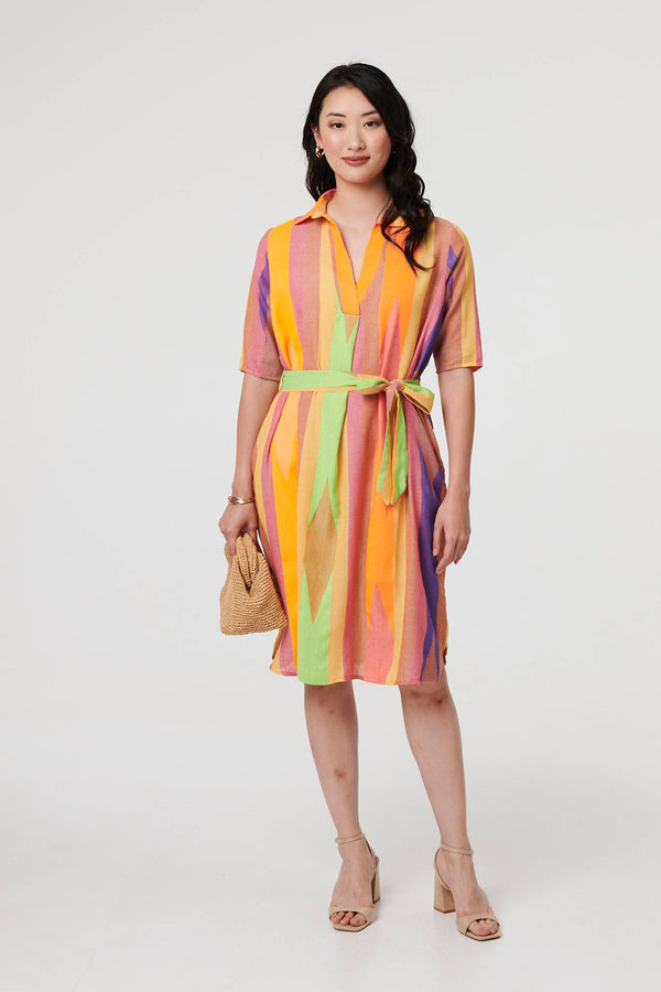 Green | Striped Knee Length Tie Waist Dress
