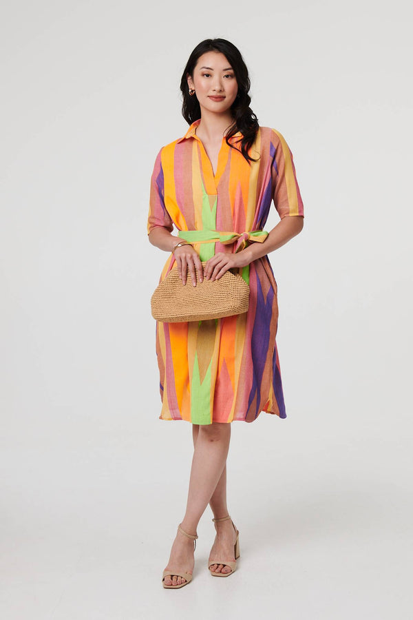 Green | Striped Knee Length Tie Waist Dress