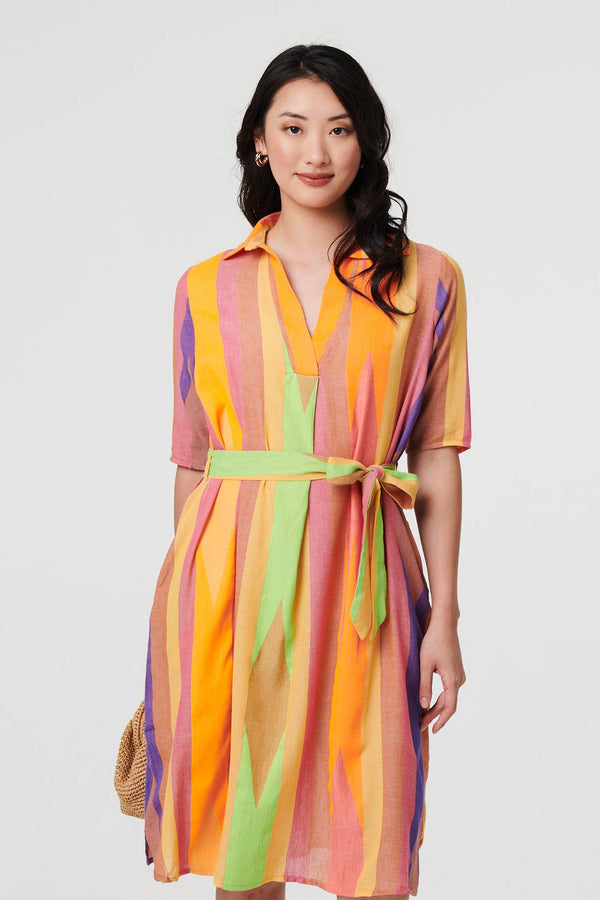 Green | Striped Knee Length Tie Waist Dress
