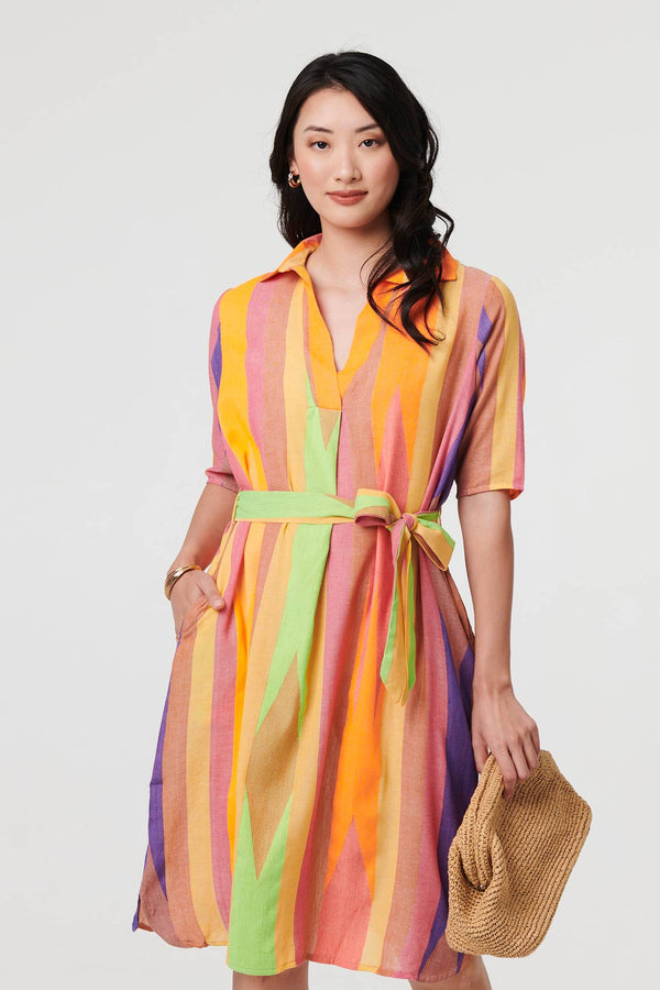 Green | Striped Knee Length Tie Waist Dress