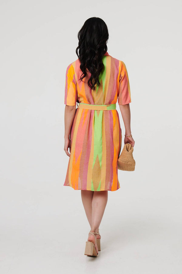 Green | Striped Knee Length Tie Waist Dress