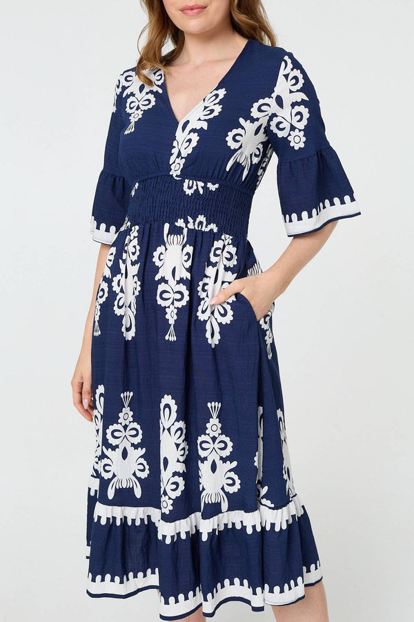 Navy | Ikat Print 1/2 Flared Sleeve Midi Dress