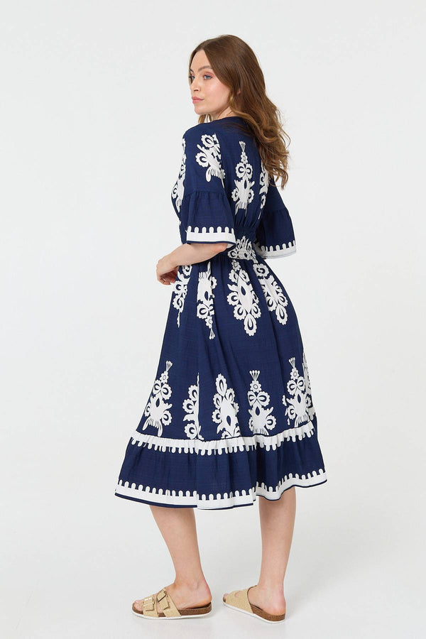 Navy | Ikat Print 1/2 Flared Sleeve Midi Dress