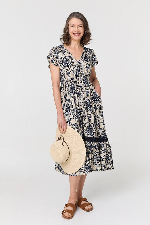 Navy | Printed Shirred Lace Midi Dress
