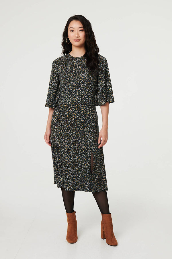 Navy | Ditsy Floral Angel Sleeve Midi Dress