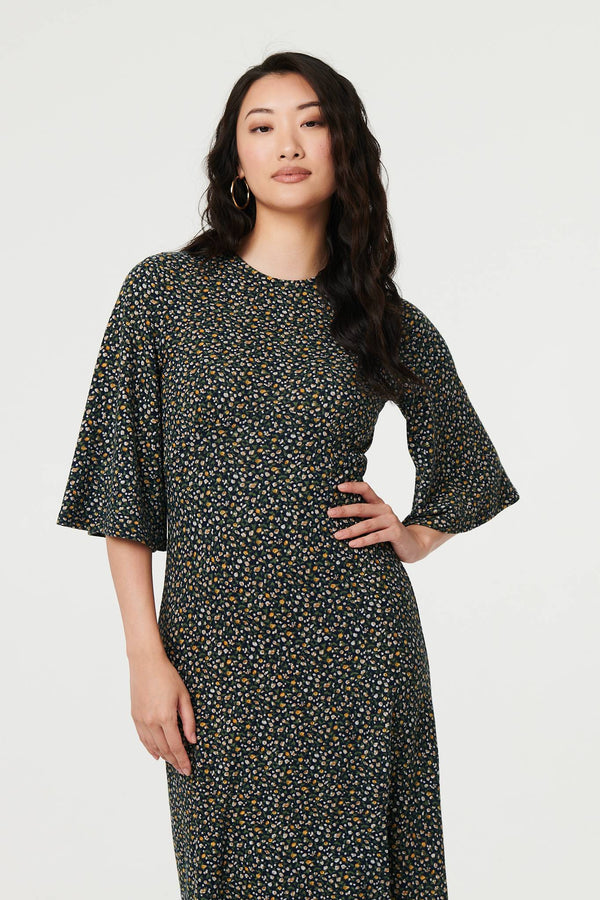 Navy | Ditsy Floral Angel Sleeve Midi Dress