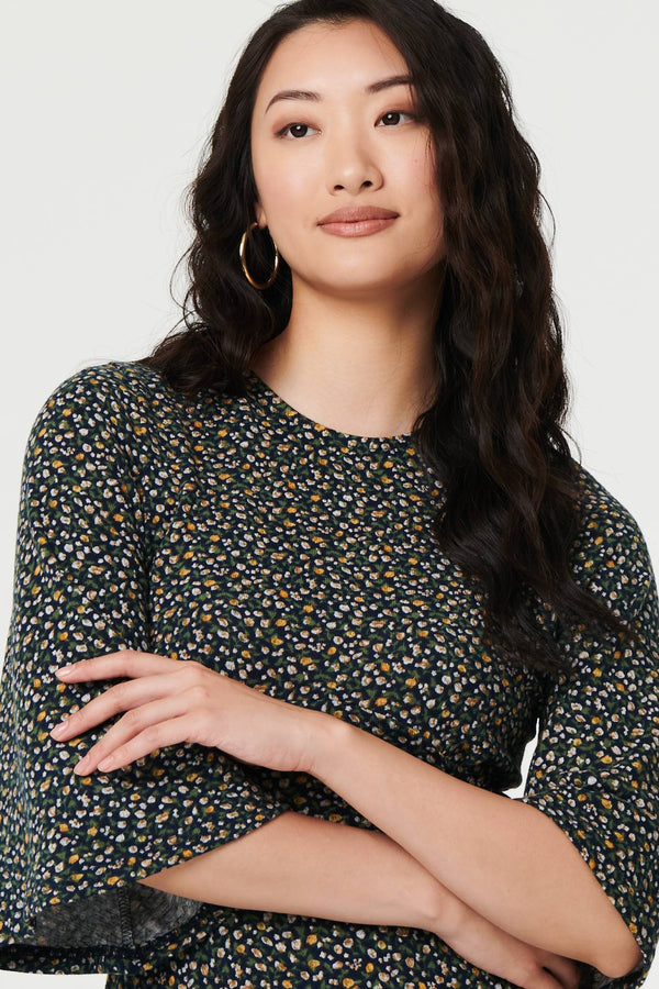 Navy | Ditsy Floral Angel Sleeve Midi Dress