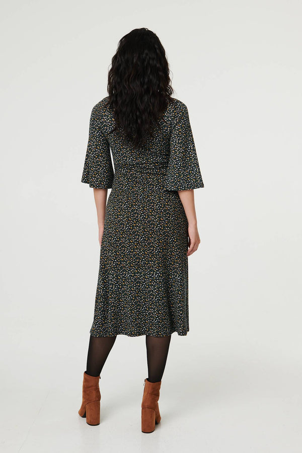Navy | Ditsy Floral Angel Sleeve Midi Dress