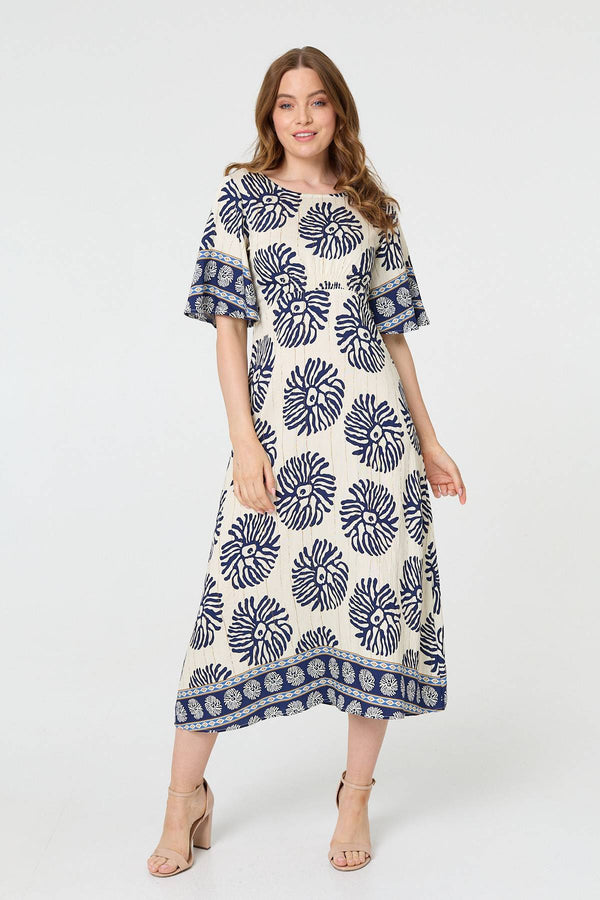 Navy | Floral Flared Sleeve Ruched Midi Dress