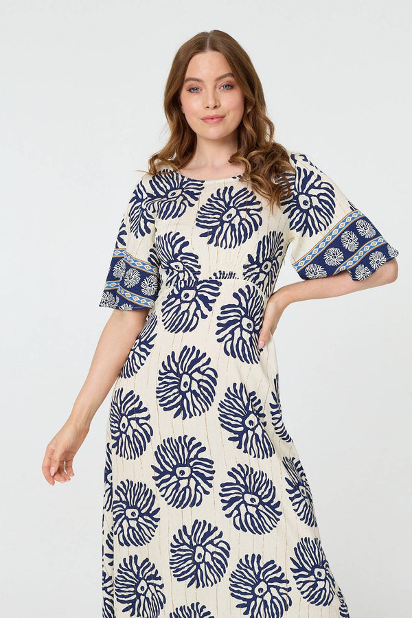 Navy | Floral Flared Sleeve Ruched Midi Dress