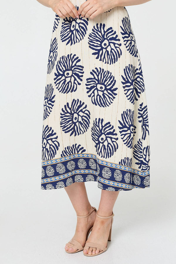 Navy | Floral Flared Sleeve Ruched Midi Dress