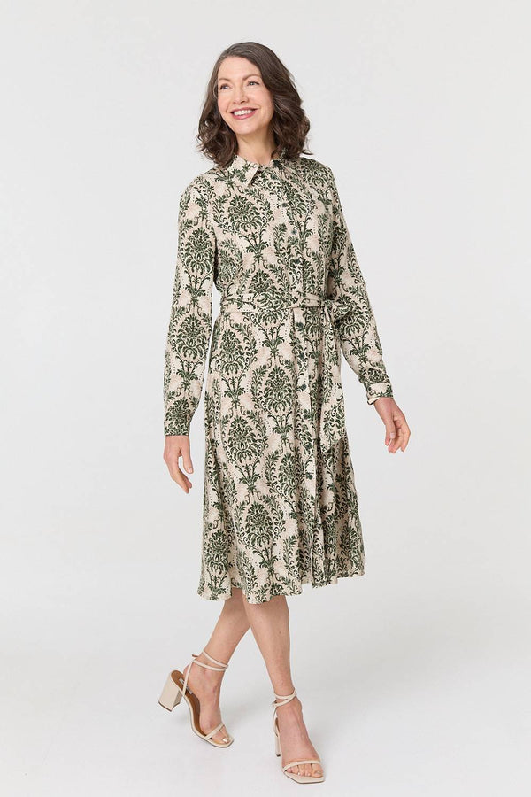 Green | Baroque Print Tie Waist Midi Shirt Dress