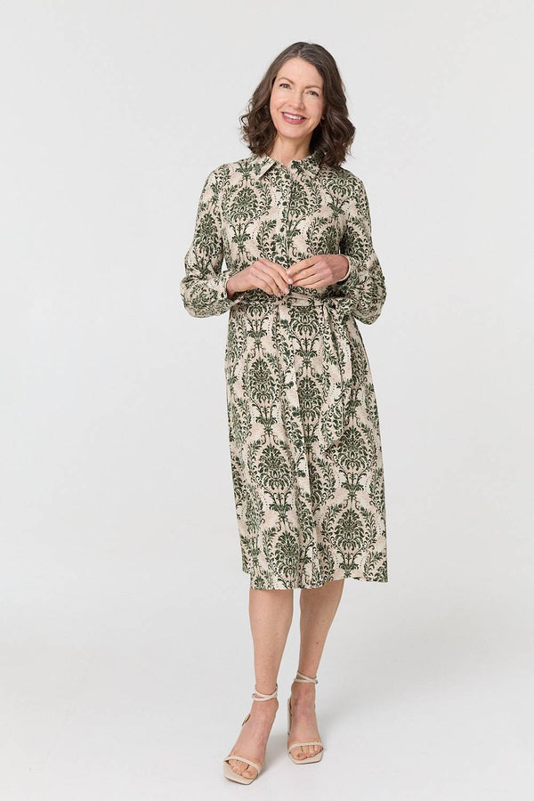 Green | Baroque Print Tie Waist Midi Shirt Dress