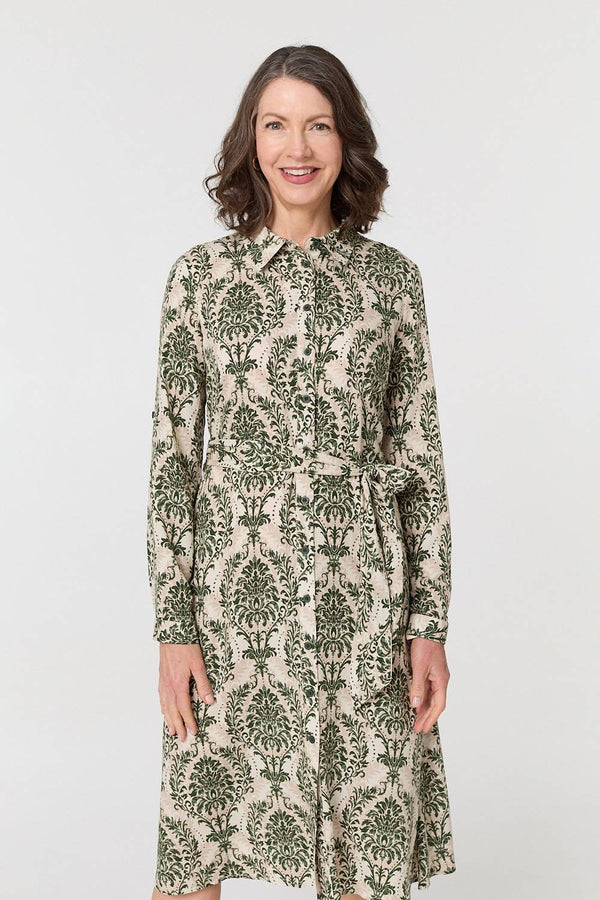 Green | Baroque Print Tie Waist Midi Shirt Dress