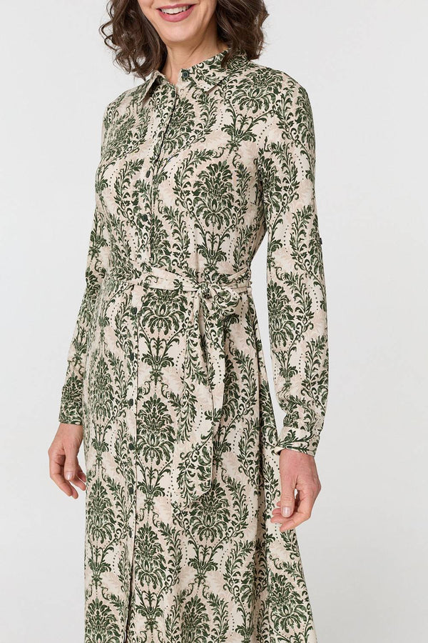Green | Baroque Print Tie Waist Midi Shirt Dress