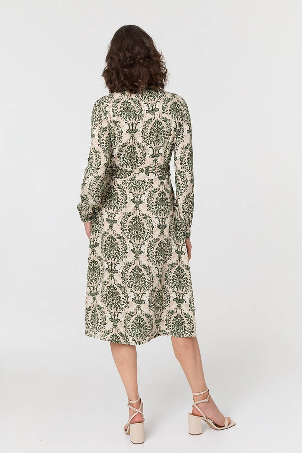 Green | Baroque Print Tie Waist Midi Shirt Dress