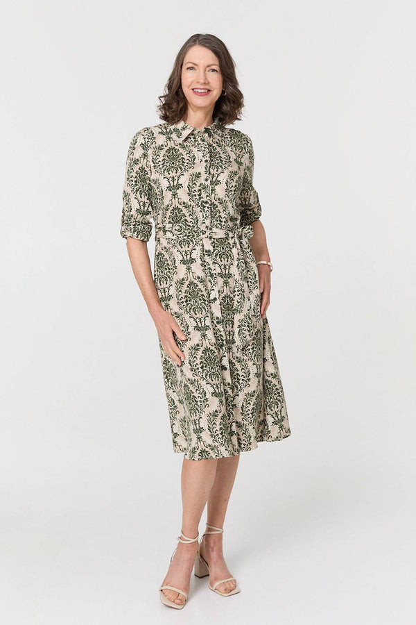 Green | Baroque Print Tie Waist Midi Shirt Dress