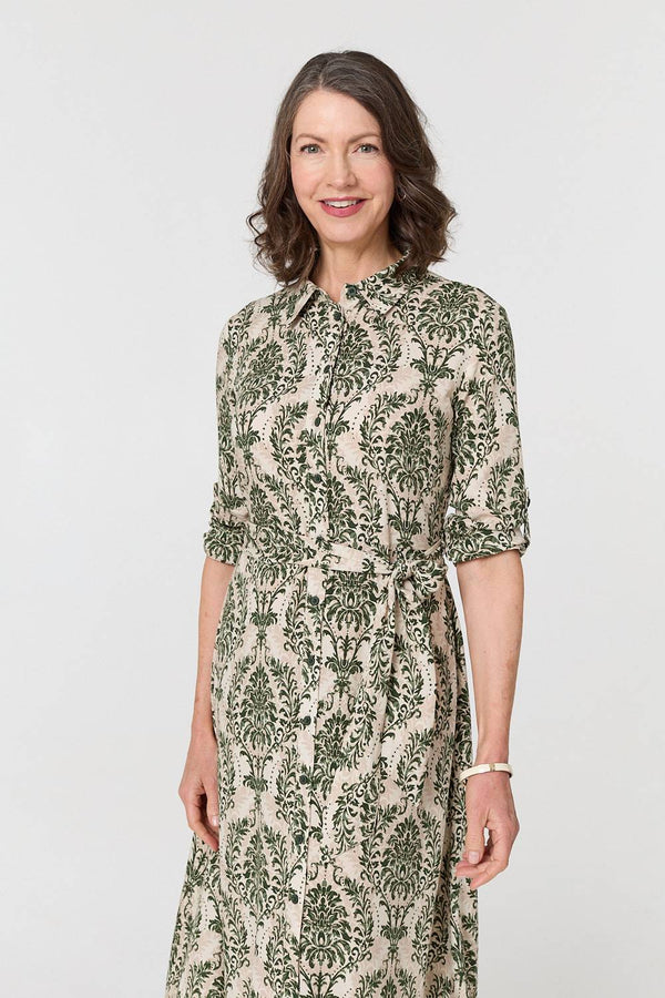 Green | Baroque Print Tie Waist Midi Shirt Dress