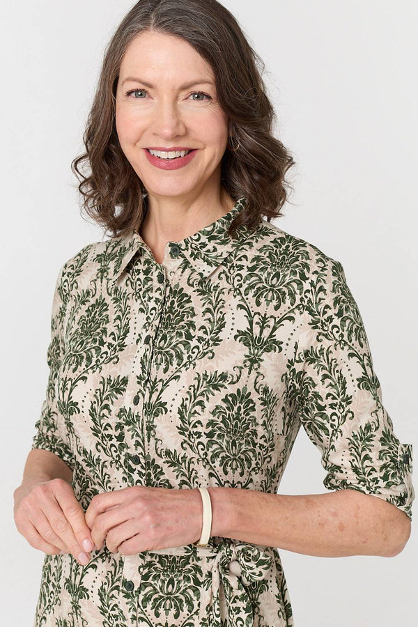 Green | Baroque Print Tie Waist Midi Shirt Dress