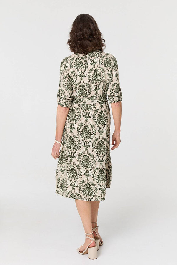 Green | Baroque Print Tie Waist Midi Shirt Dress