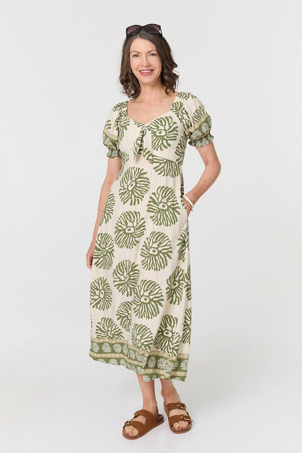 Khaki | Printed Tie Front A-Line Midi Dress