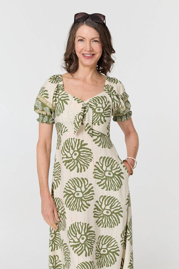 Khaki | Printed Tie Front A-Line Midi Dress