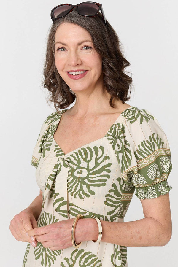 Khaki | Printed Tie Front A-Line Midi Dress