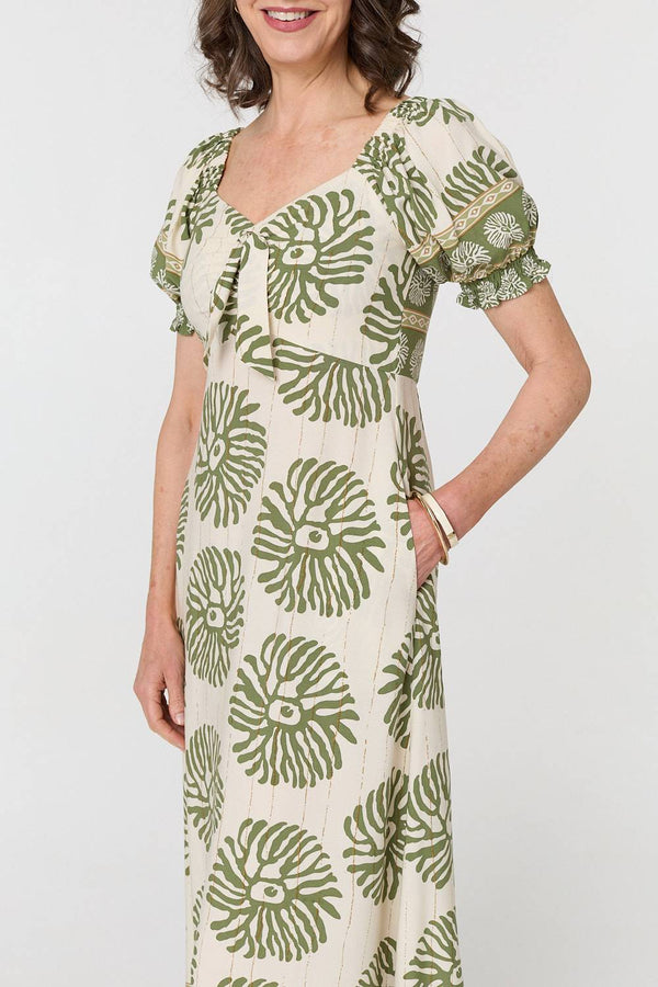 Khaki | Printed Tie Front A-Line Midi Dress