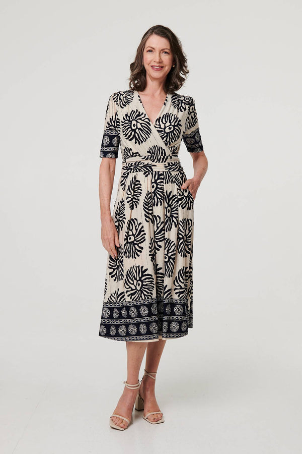 Navy | Border Print Ruched V-Neck Midi Dress