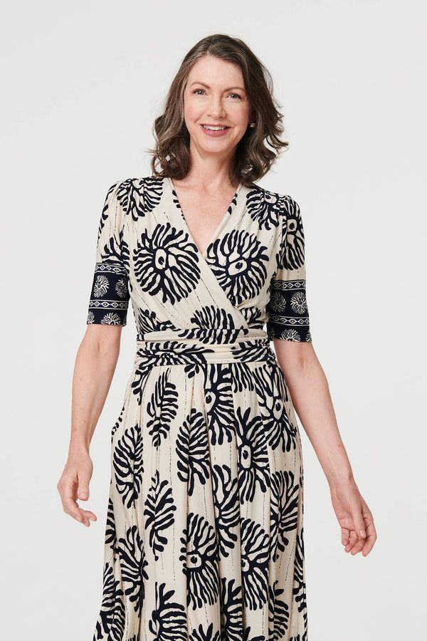 Navy | Border Print Ruched V-Neck Midi Dress