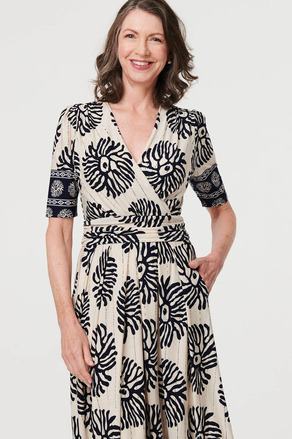 Navy | Border Print Ruched V-Neck Midi Dress