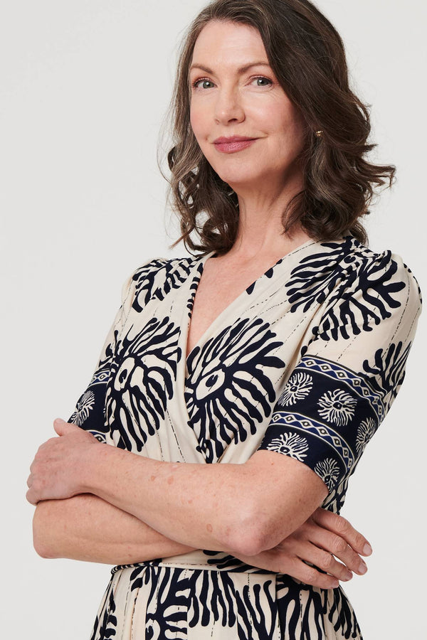 Navy | Border Print Ruched V-Neck Midi Dress
