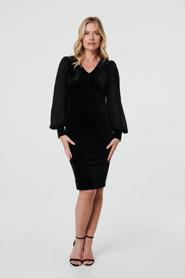 Black | Long Balloon Sleeve Knee Length Dress