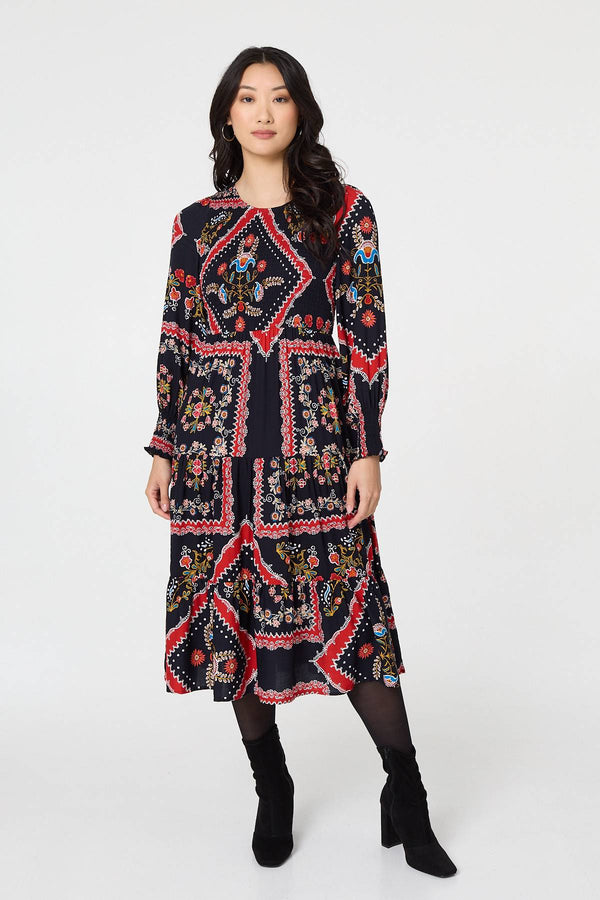 Navy | Printed Smocked Long Sleeve Midi Dress