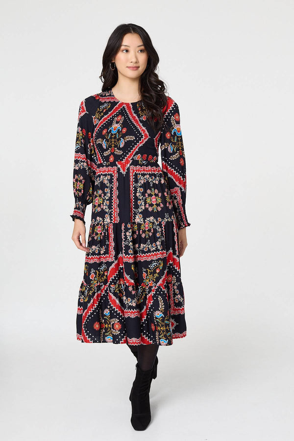 Navy | Printed Smocked Long Sleeve Midi Dress