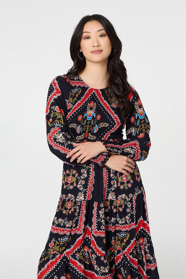 Navy | Printed Smocked Long Sleeve Midi Dress