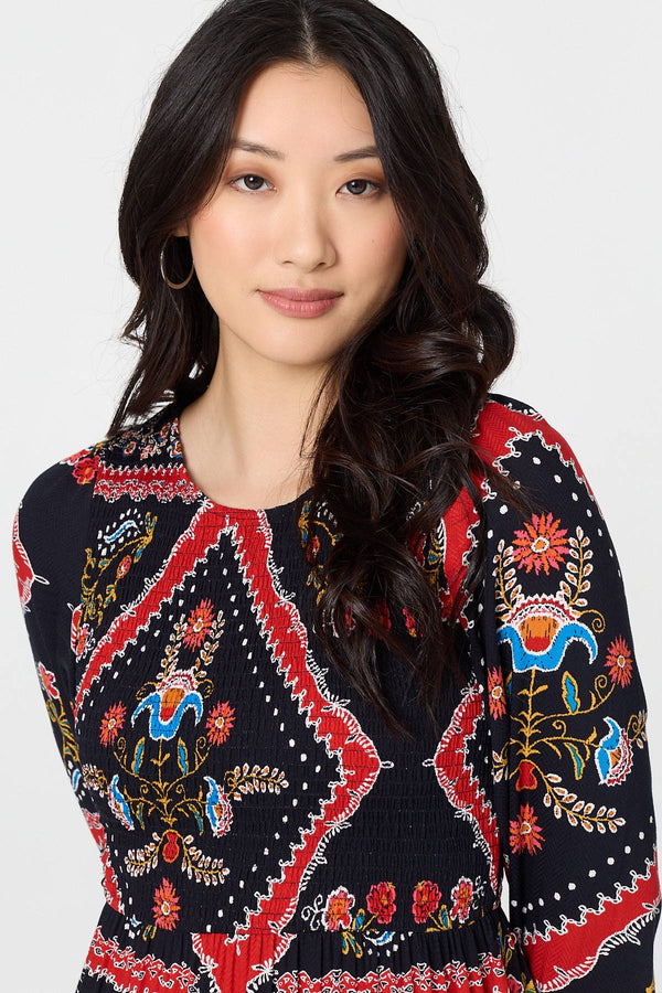 Navy | Printed Smocked Long Sleeve Midi Dress