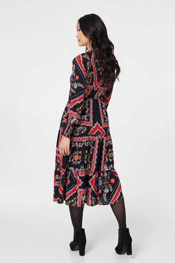 Navy | Printed Smocked Long Sleeve Midi Dress