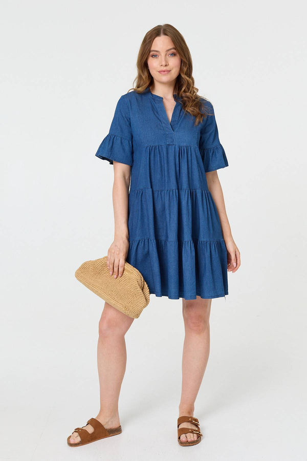 Blue | Flared 1/2 Sleeve Tiered Midi Dress