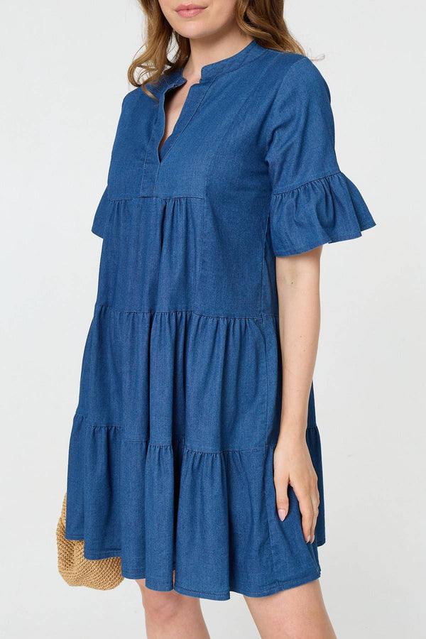 Blue | Flared 1/2 Sleeve Tiered Midi Dress