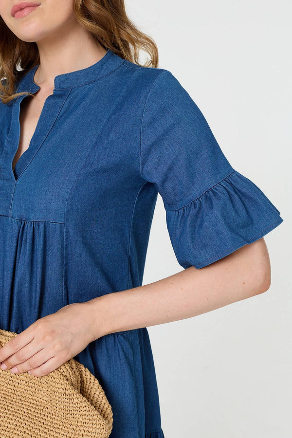 Blue | Flared 1/2 Sleeve Tiered Midi Dress