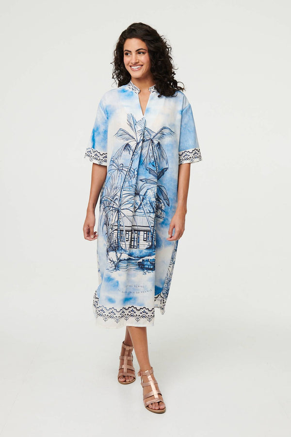 Blue | Abstract 1/2 Sleeve Midi Shift Dress