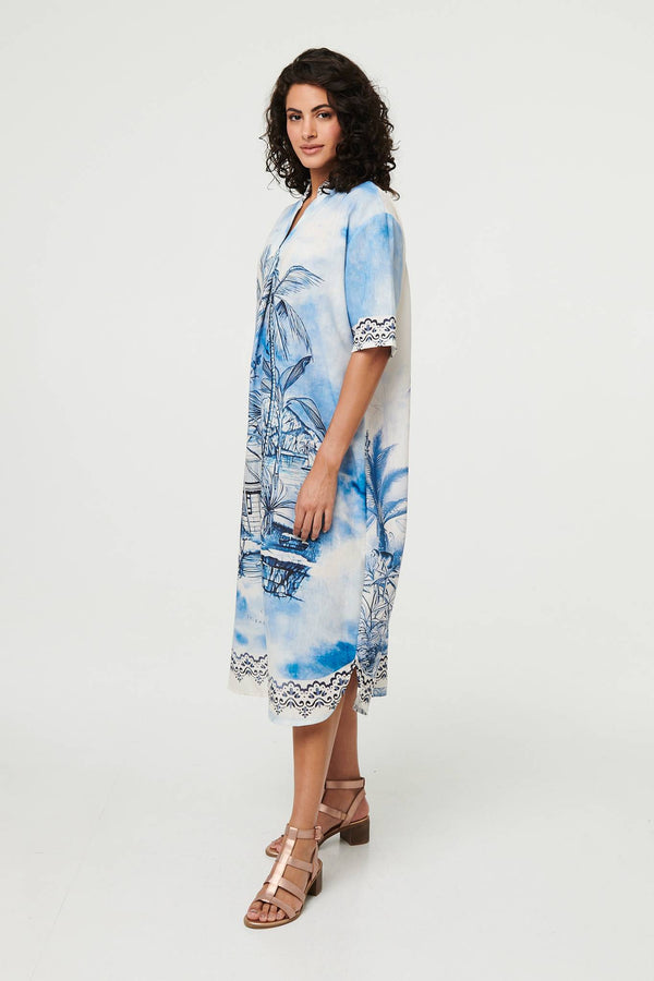 Blue | Abstract 1/2 Sleeve Midi Shift Dress