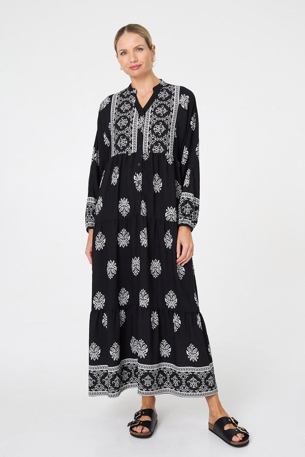 Black | Border Print Tier Long Sleeve Maxi Dress
