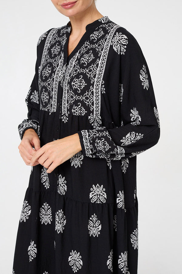 Black | Border Print Tier Long Sleeve Maxi Dress
