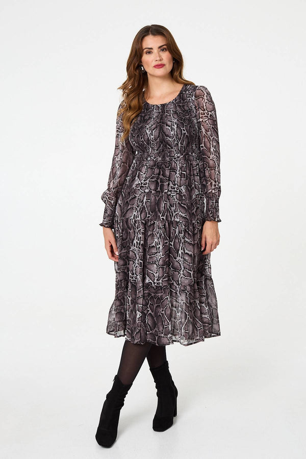 Black | Snake Print Smocked Midi Tiered Dress