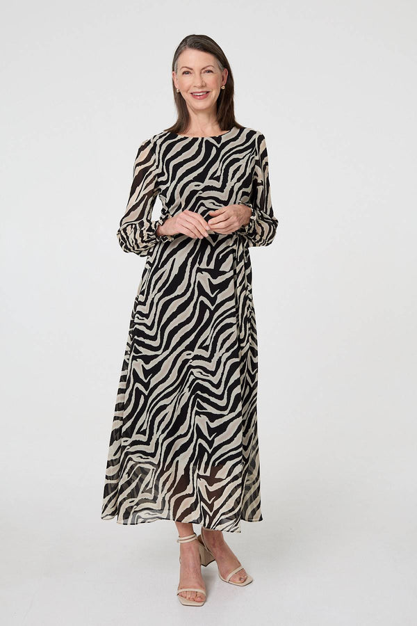 Black | Zebra Print Layered Tie Waist Maxi Dress