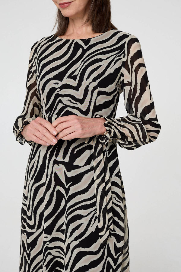 Black | Zebra Print Layered Tie Waist Maxi Dress