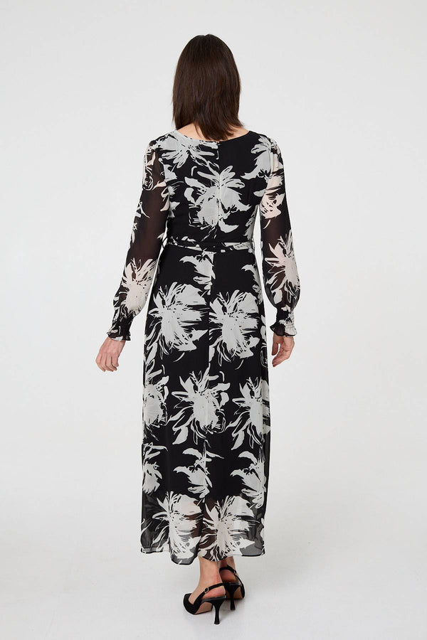Black | Floral Tie Waist Layered Maxi Dress