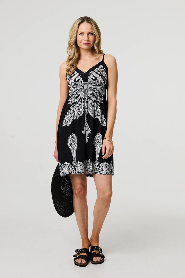 Black | Printed Cami Strap Short Sun Dress